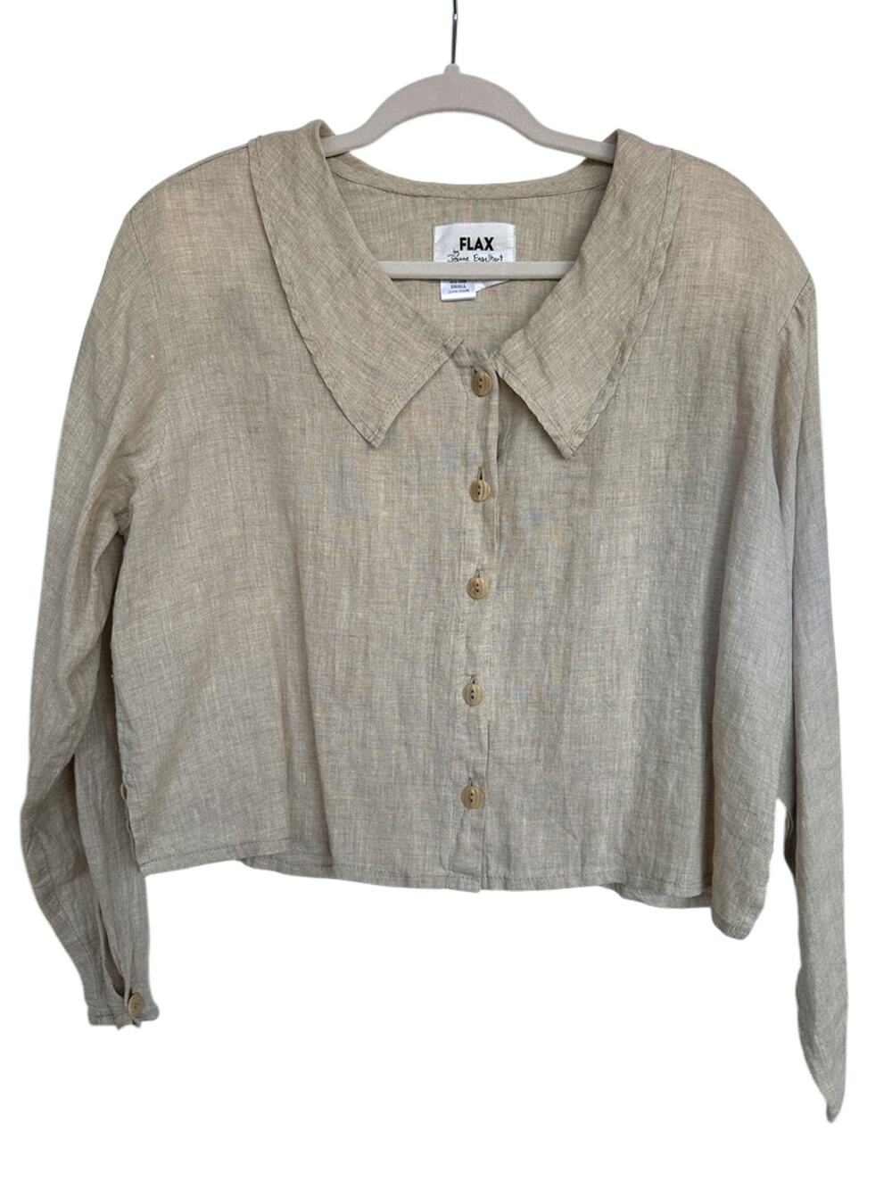 FLAX By Jeanne Engelhart 100% Linen Cropped Button Front Blouse Natural Small